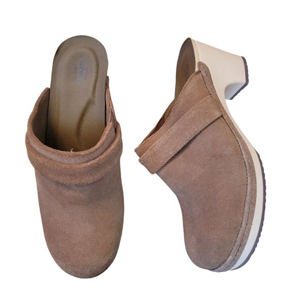 Crocs Slip On Heeled Clogs Mules 6 Brown Suede Leather SARAH - Picture 1 of 8